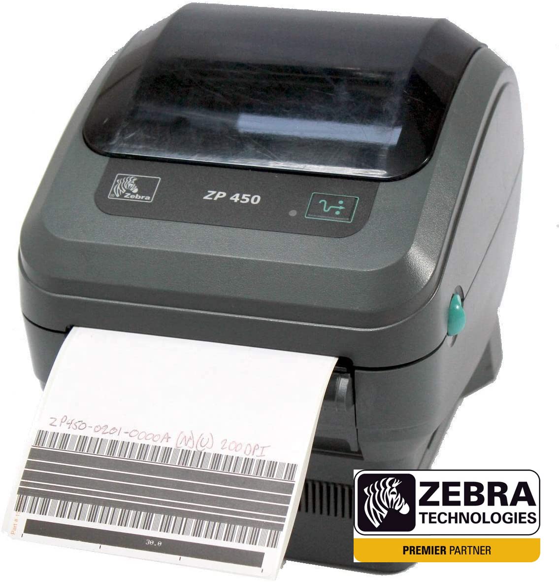 Gray Zebra ZP450 thermal laser printer printing out receipt with a barcode